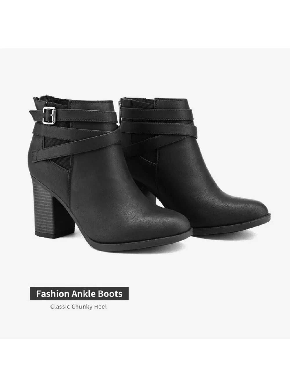 Women's Black Chunky Stacked High Heel Faux Suede Closed Toe Ankle Booties